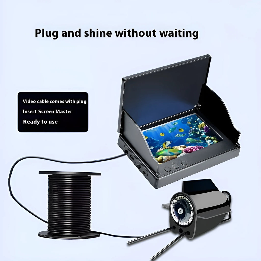 Underwater fish finder HD camera with 4.3-inch IPS screen, showing night vision lights and choice of 15m, 20m, or 30m cable.
