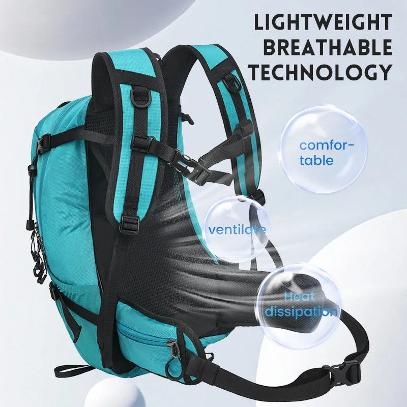 Black waterproof outdoor hiking backpack with physiological curve back plate, shown folded and unfolded.