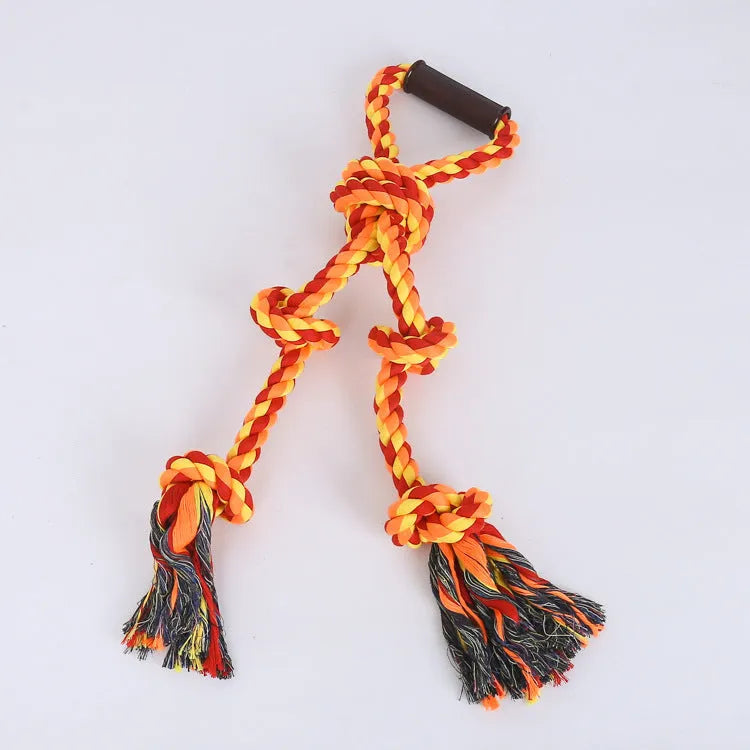 Blue and yellow heavy-duty cotton dog rope toy with a large handle for tug of war.