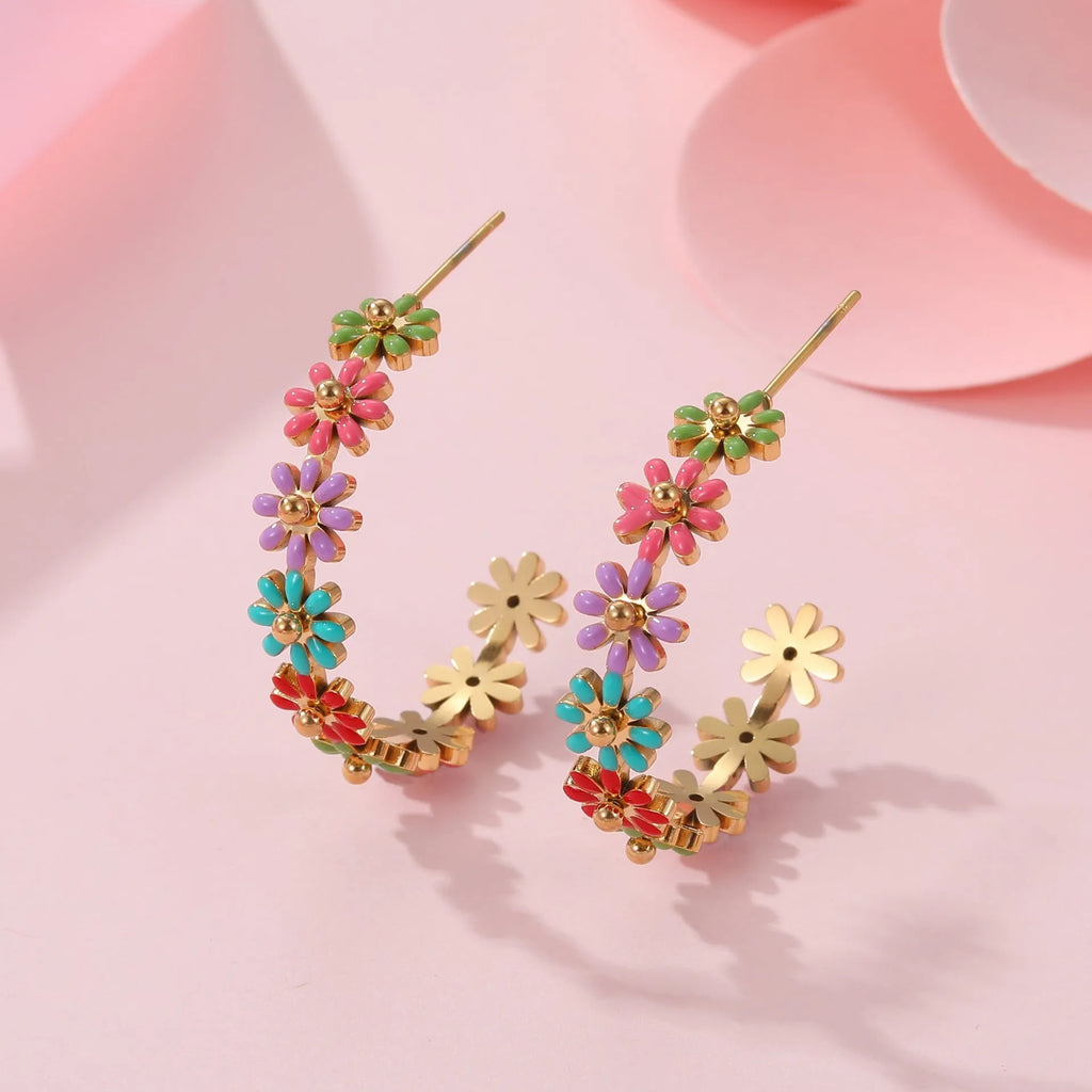 Oil dripping colour flower geometric stainless steel bracelet for women electroplated finish with colour ring option
