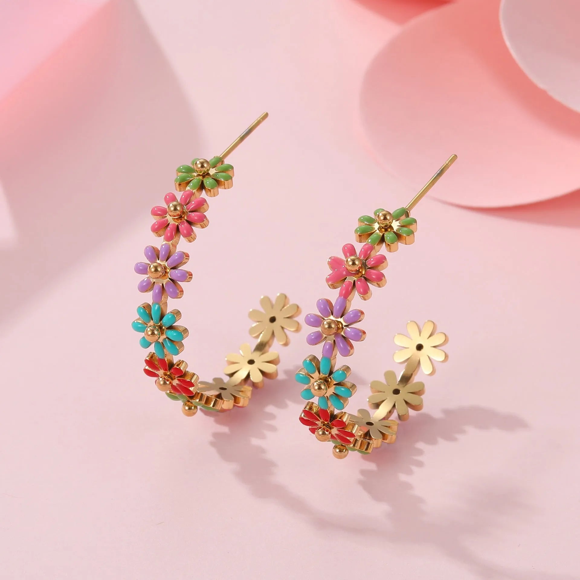 Oil dripping colour flower geometric stainless steel bracelet for women electroplated finish with colour ring option