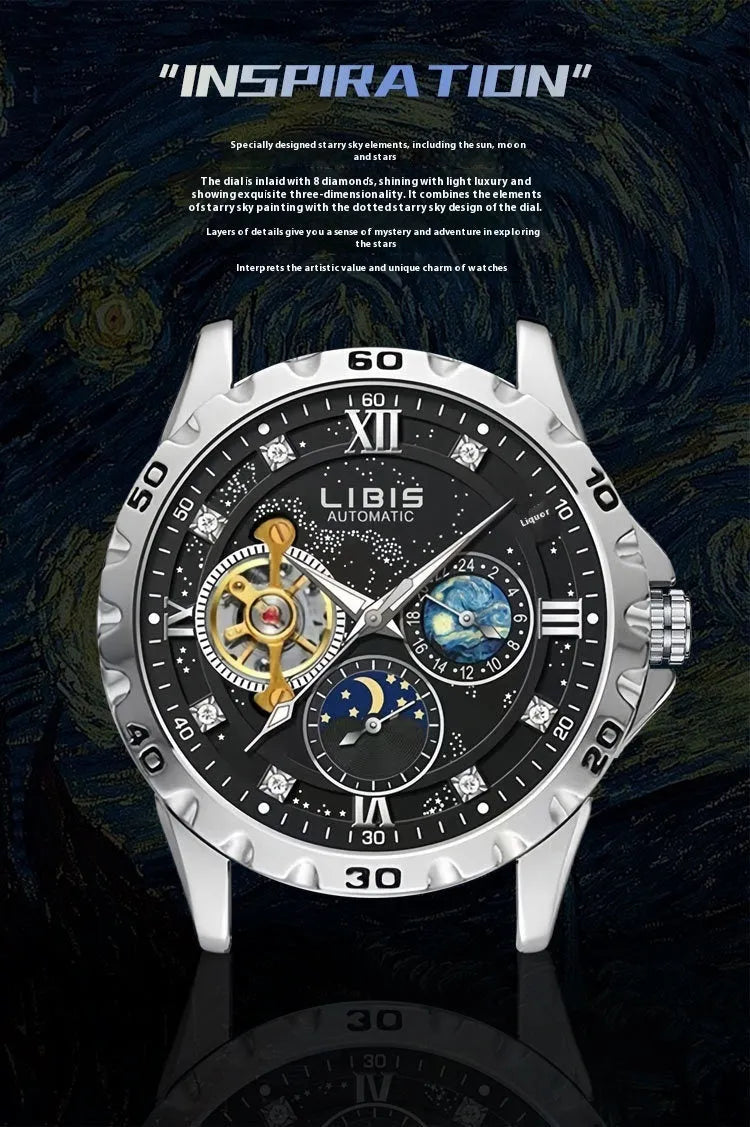 Men's silver automatic watch with black starry dial and leather strap on wrist.