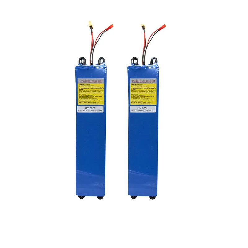 A 36V lithium battery pack for electric scooters, showing three capacity options: 6.6A, 7.8A, and 10.4A.