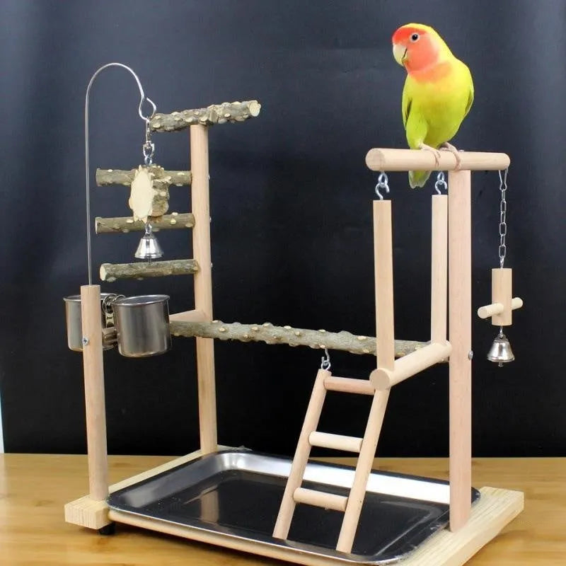 Pepper wood parrot stand pole with attached tiger skin peony toy and Xuanfeng Xiaotai bird platform.