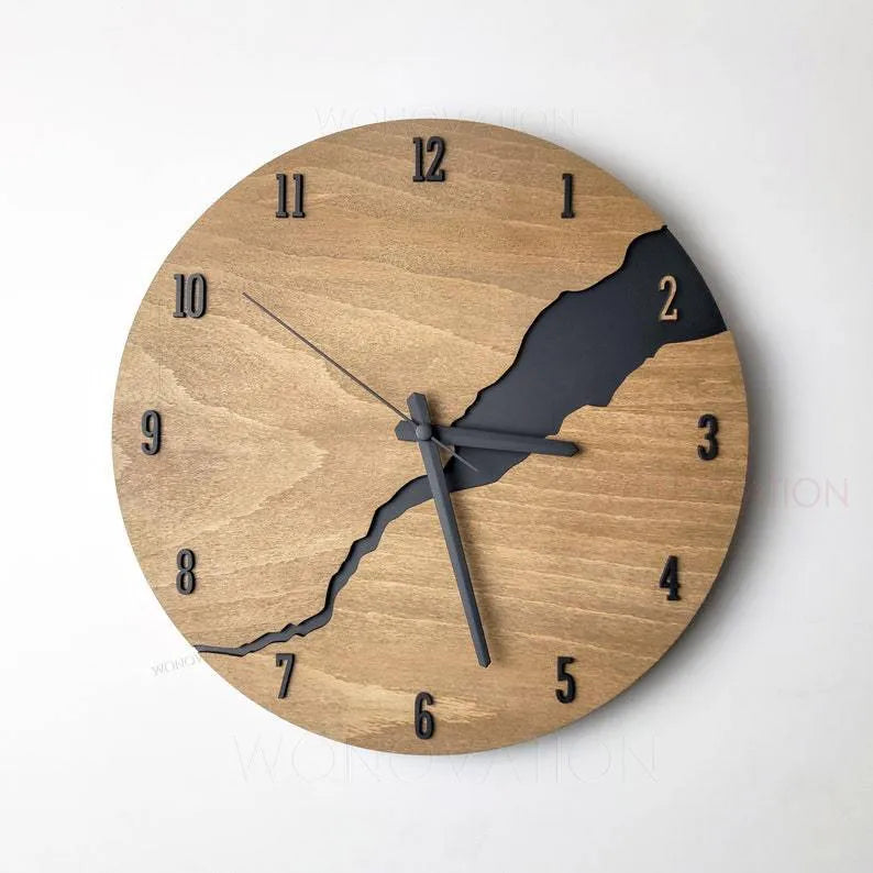 Modern wooden wall clock with a cracked finish design and silent quartz movement.
