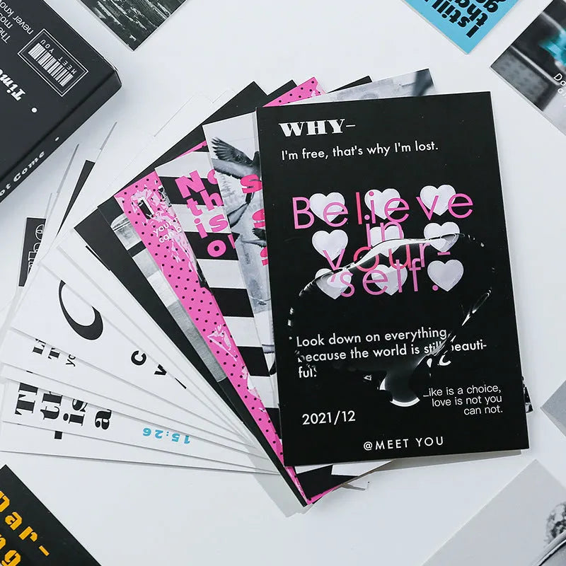 Set of two flat printed postcards with the text 'Time Not Arrived' and 'Warm Wind Not Exhausted' on a fresh background.