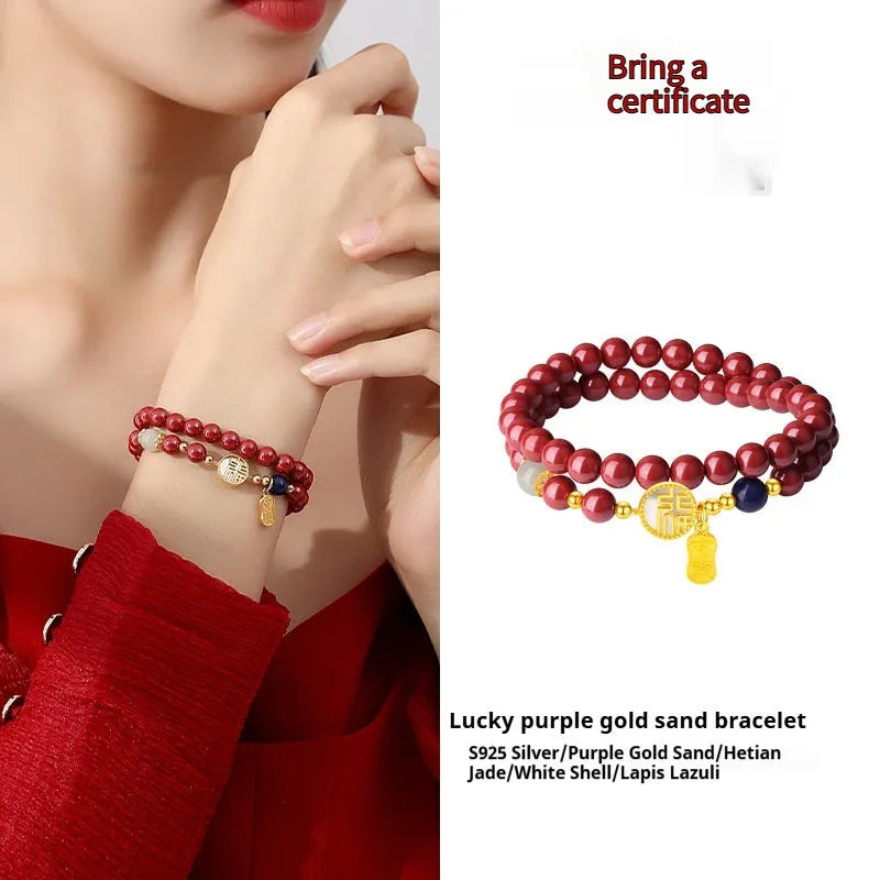 S925 sterling silver bracelet with white shell blessing card charm and cinnabar red accents