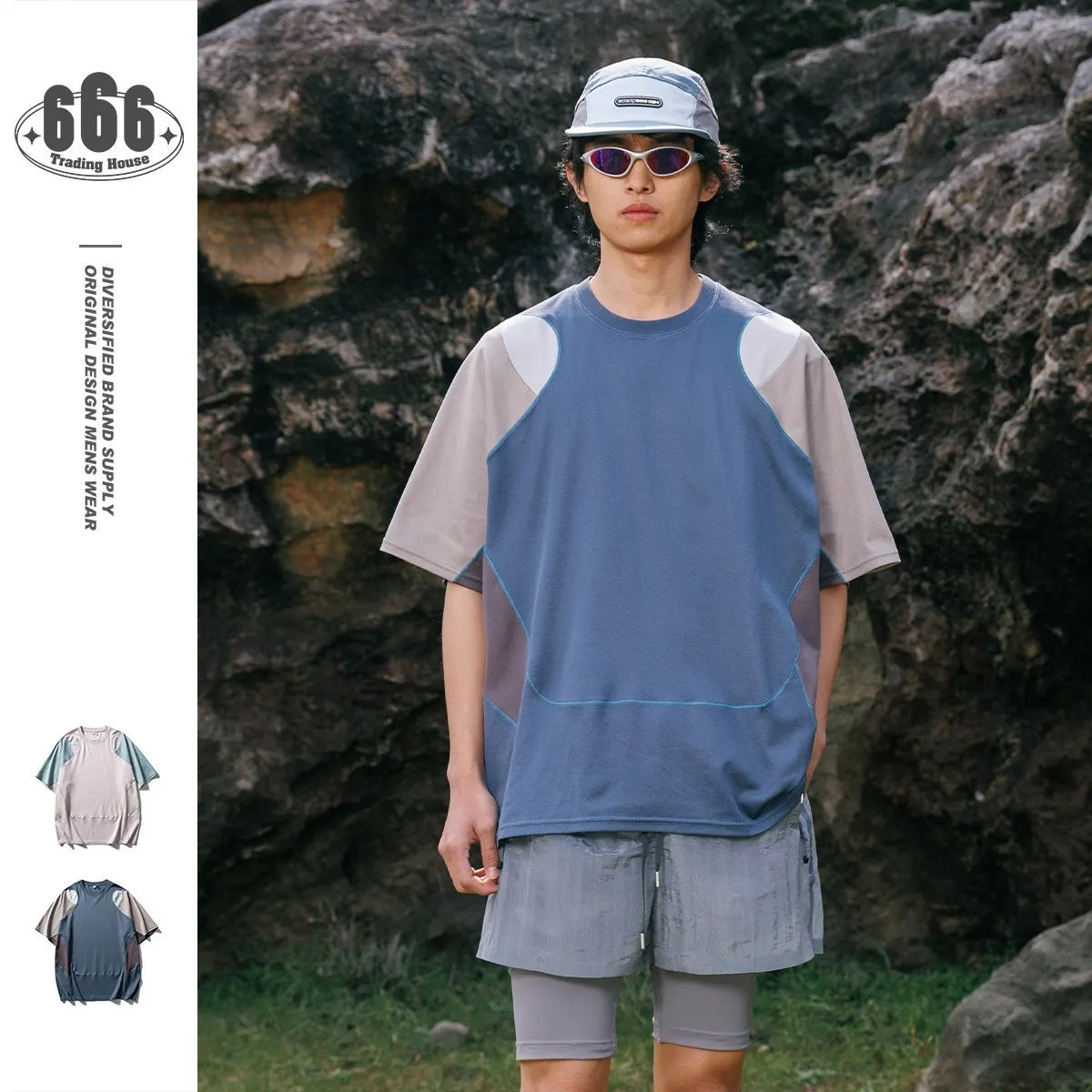 Men's loose patchwork contrast colour sports T-shirt with raglan short sleeves in cotton blend fabric