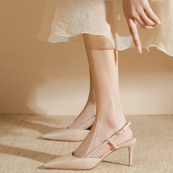 Women's apricot buckle strap high-heeled sandals showing adjustable strap and thin belt design