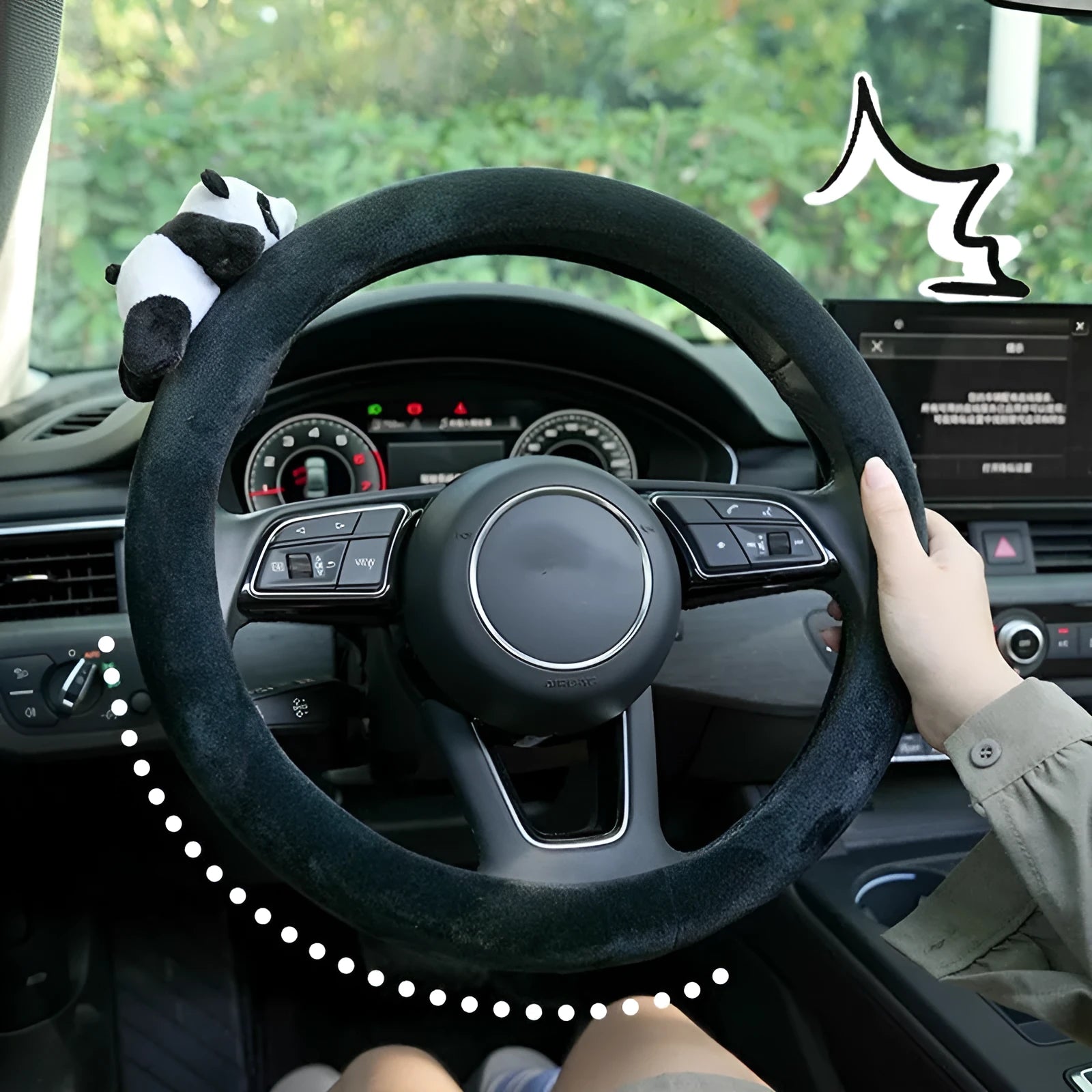 Black panda plush steering wheel cover and matching shoulder pad set for cars