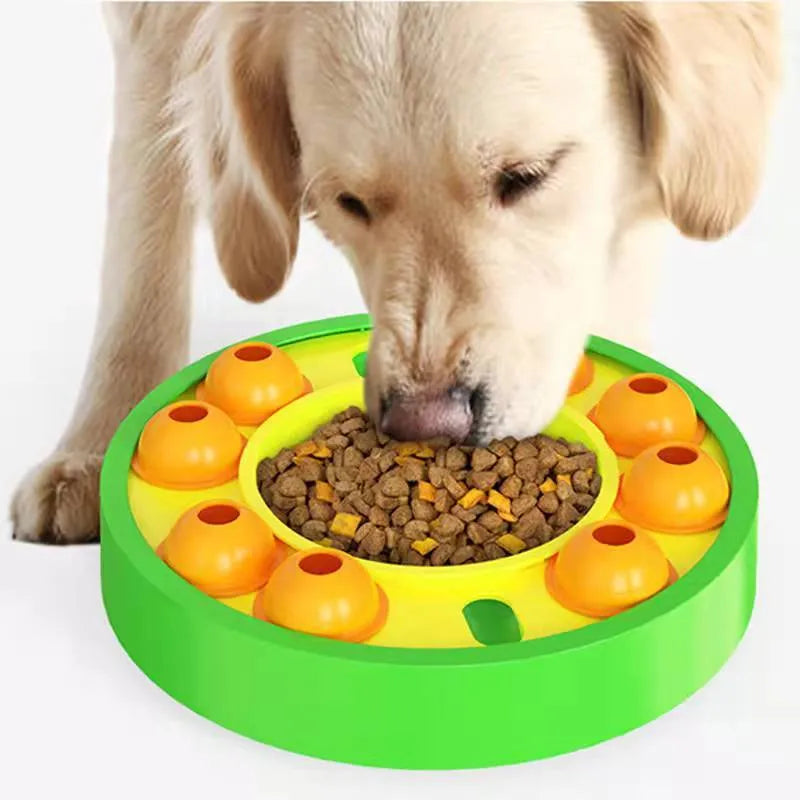 Blue dog puzzle toy with central feeding column and food turntable on non-slip base