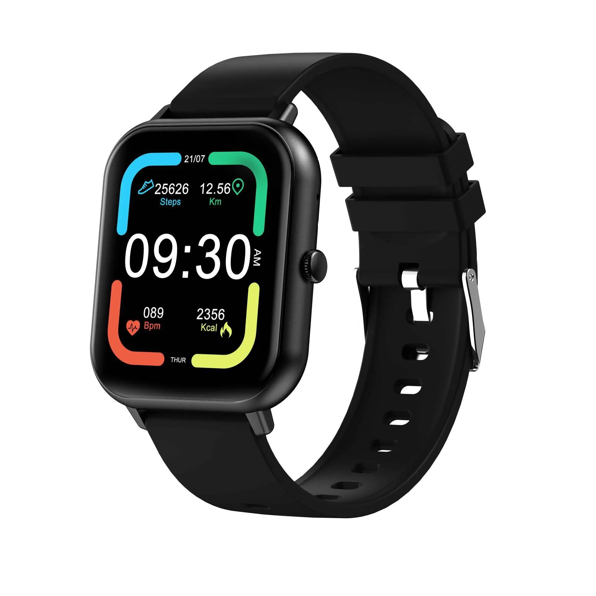 Black Bluetooth smart watch with TFT touch screen displaying heart rate and step count.