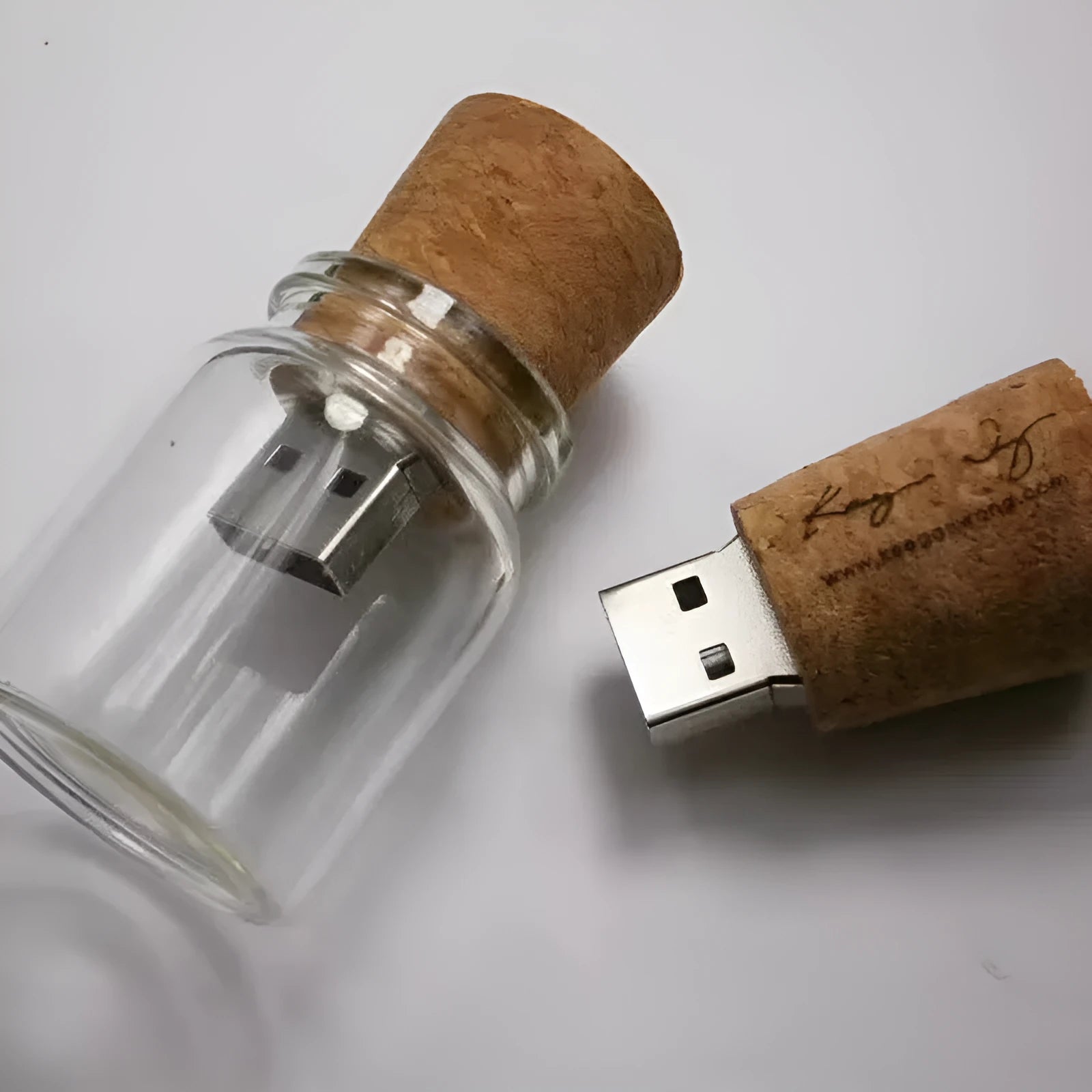 Wooden wish drift bottle shaped USB flash drive with transparent casing showing 60mm length.