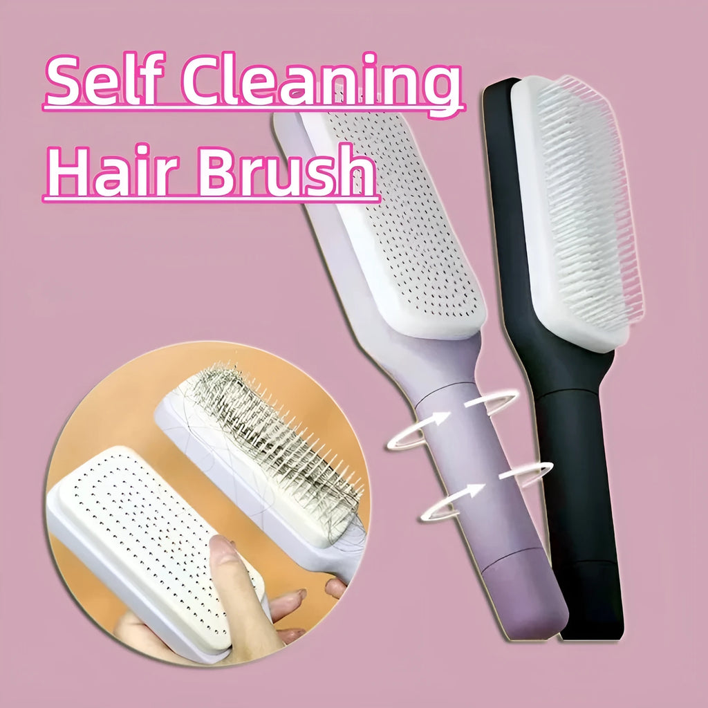 Self-cleaning hair brush with anti-static massage comb in purple colour