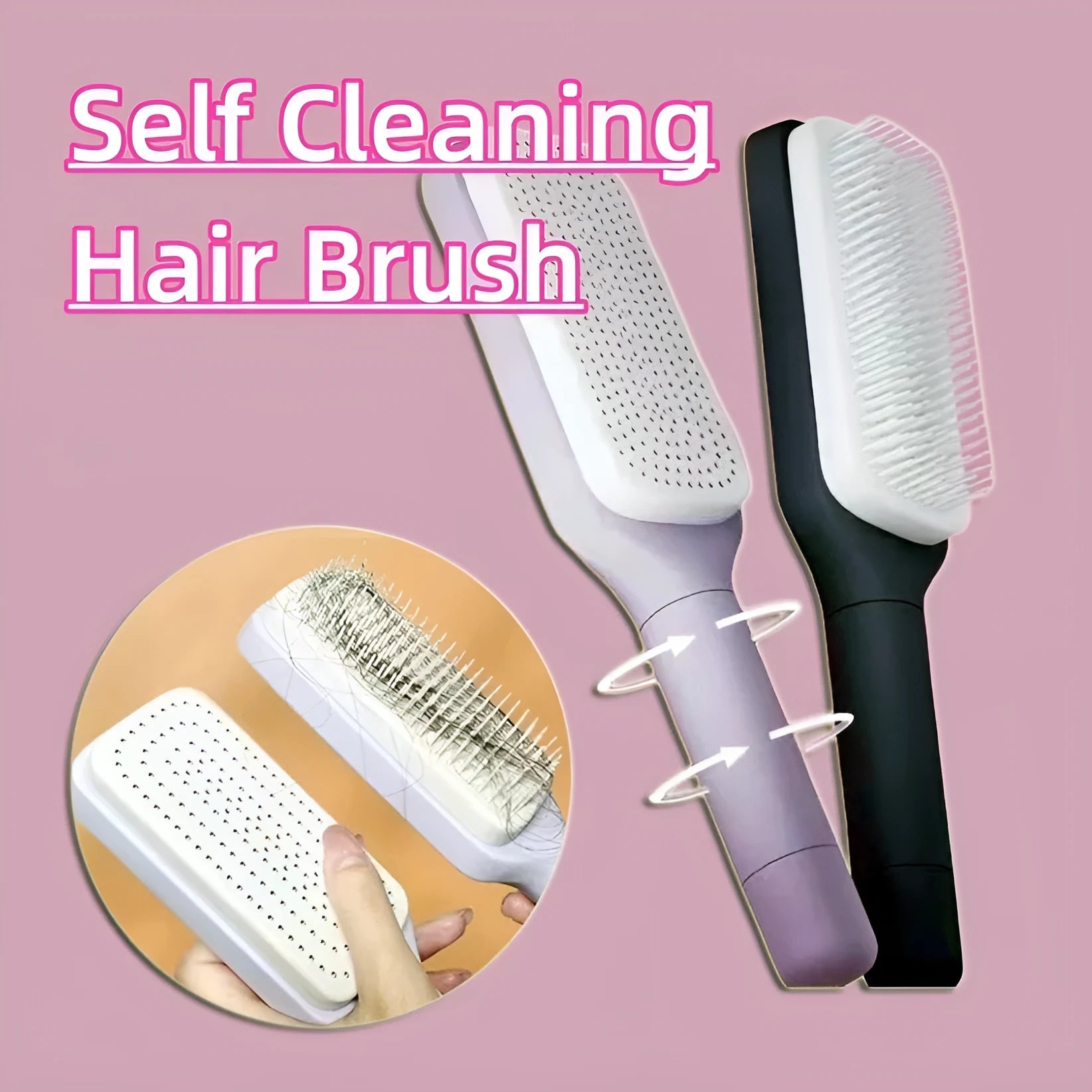 Self-cleaning hair brush with anti-static massage comb in purple colour