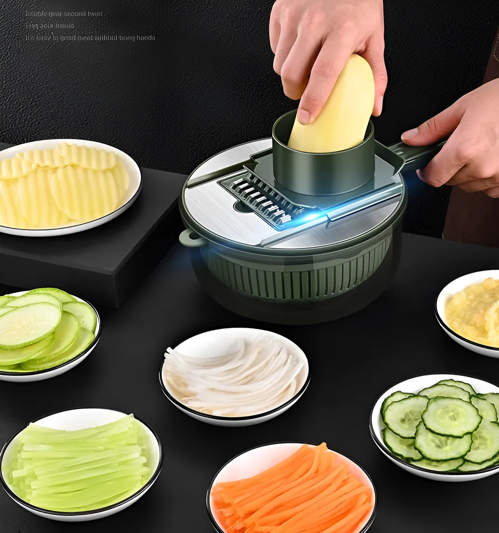 Household vegetable slicer with five stainless steel blades, gauntlet and paring knife in grey or green