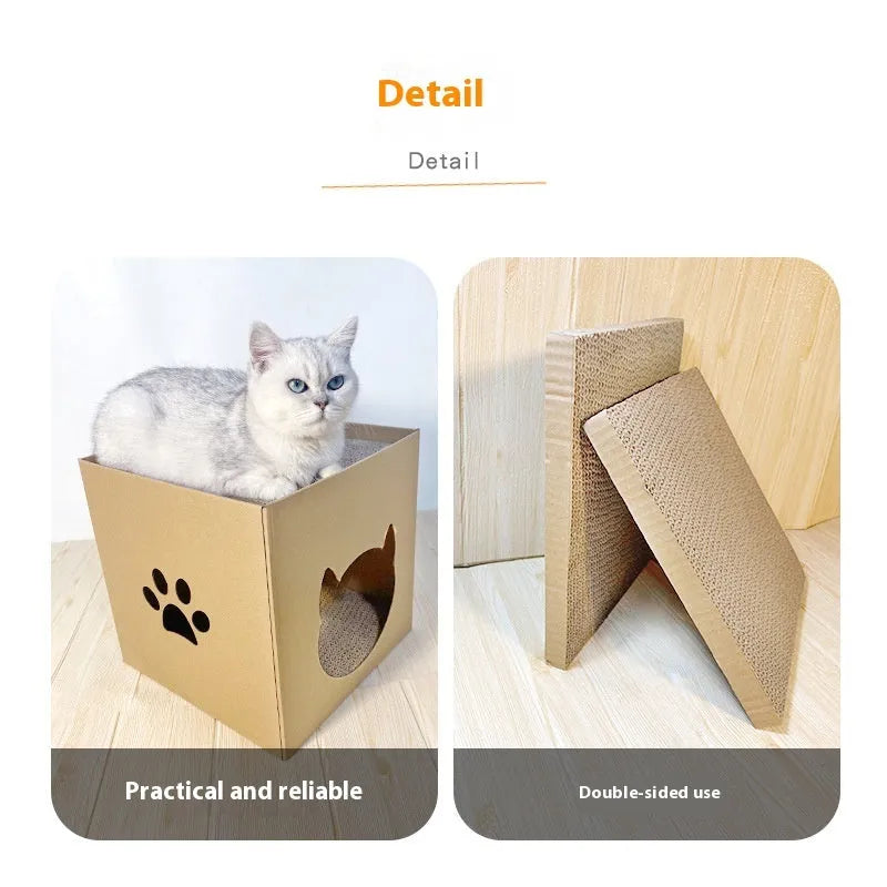 Cubic corrugated paper cat scratch board in Pet Milk Carton colour, 30cm on each side.