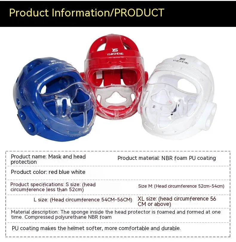 Karate boxing helmet for head protection, shown in white, blue, and red colour options.