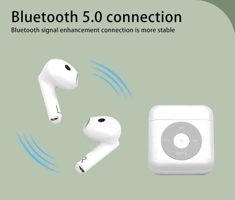 White wireless Bluetooth earphones with semi-in-ear design and a matching white charging case with 32GB storage.