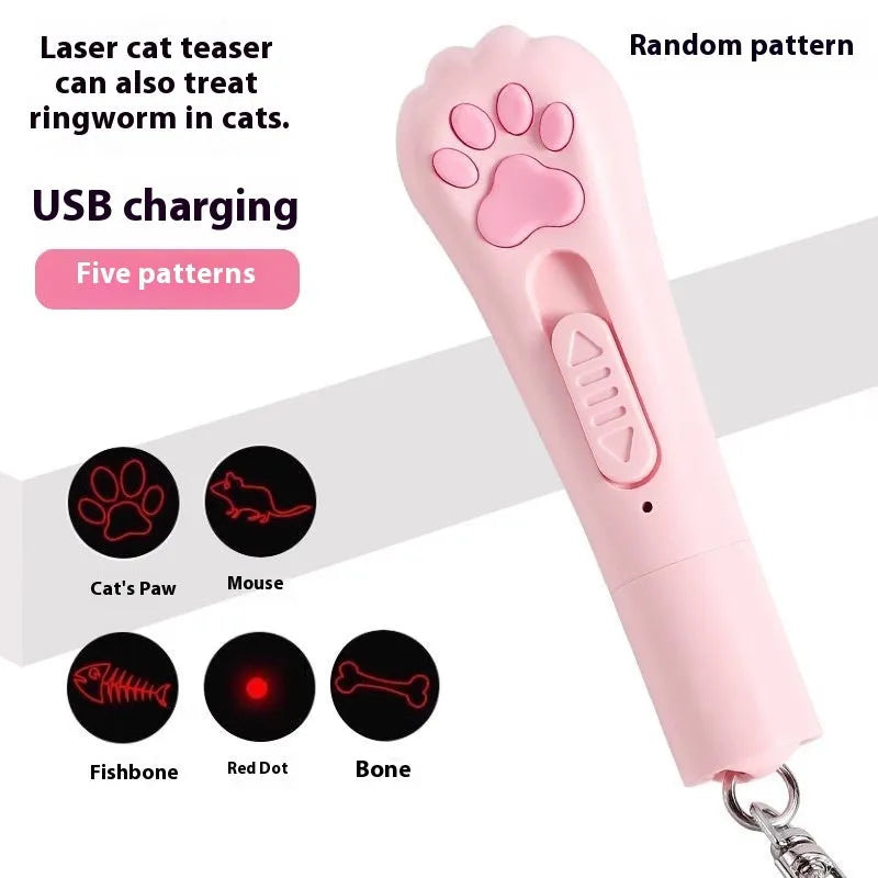 Cream white plastic cat teaser wand with laser light and attached fabric catnip pouch on a table.