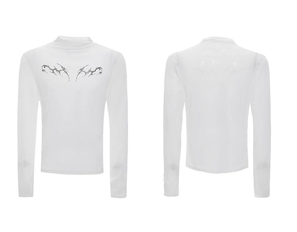 Niche mesh slim long sleeve bottoming shirt in black or white on a size chart