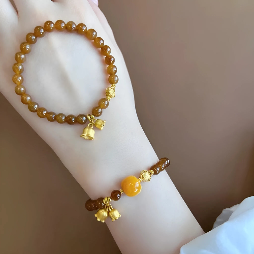 Caramel beeswax colour Lily bracelet with flower elements in New Chinese style for women