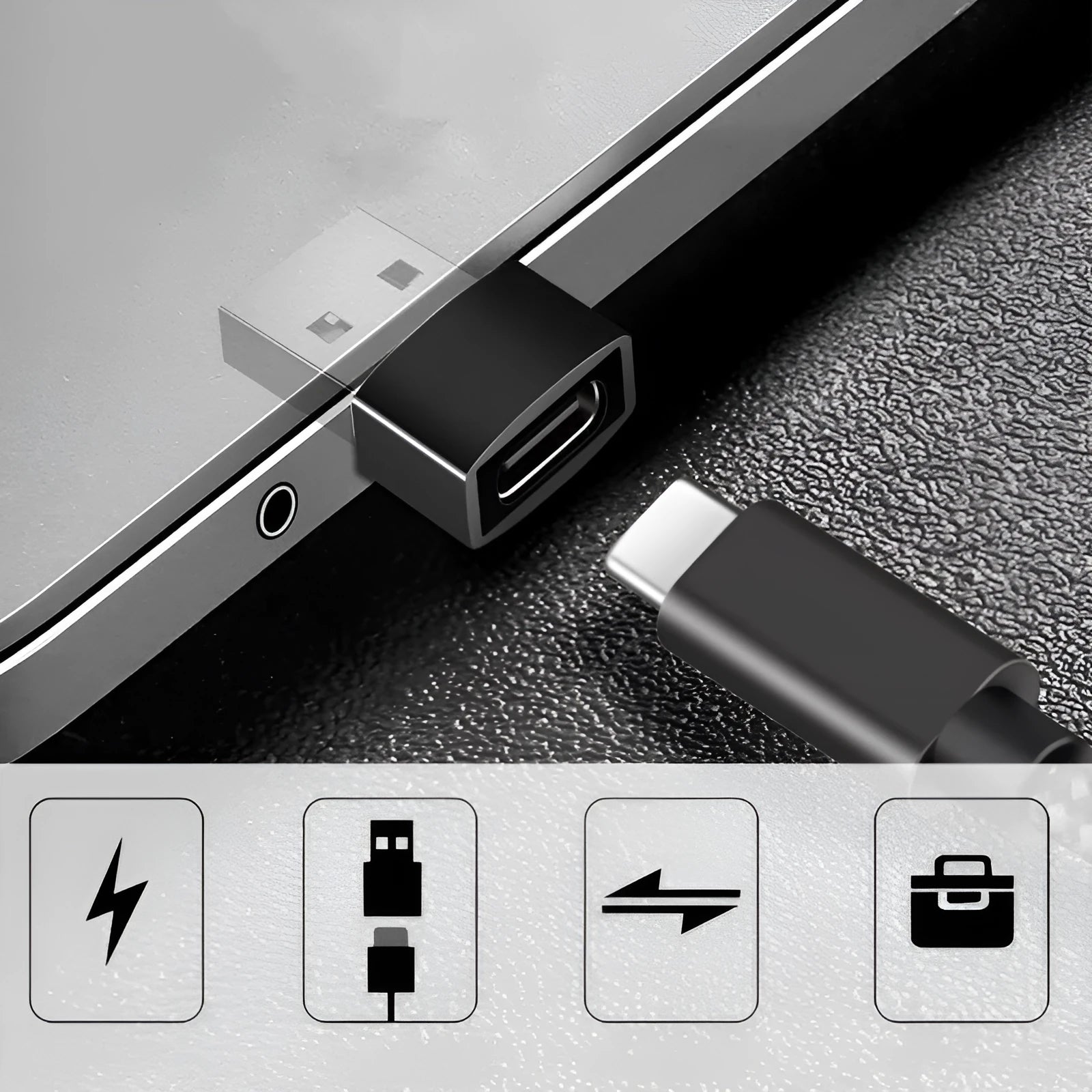 USB to Type-C adapter showing Type-C female and USB male connectors in black colour option
