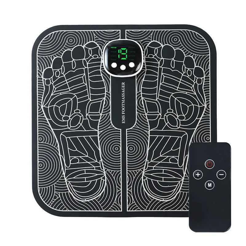 Blue USB rechargeable foot reflexology massage mat with remote control and adjustable intensity settings
