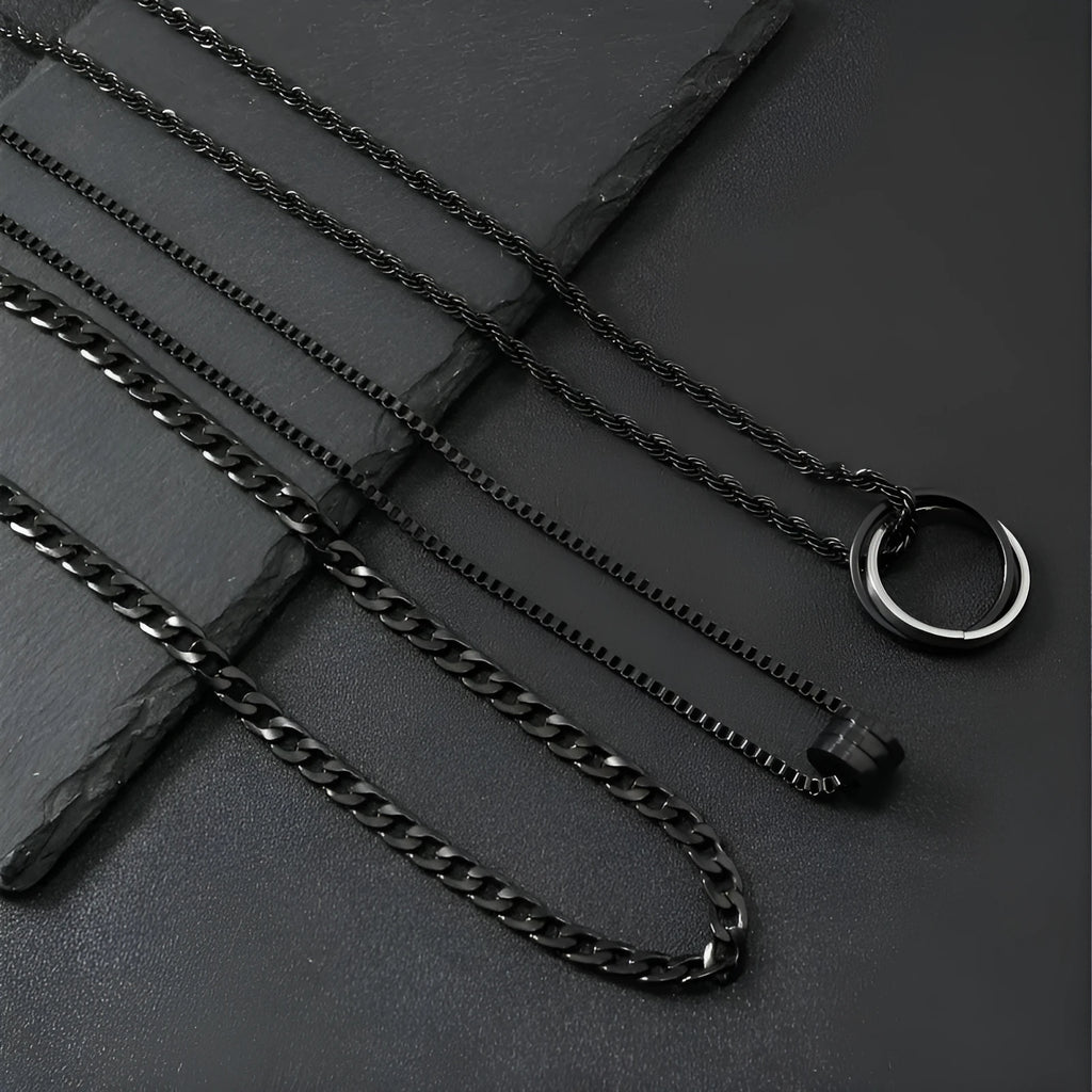 Men's black titanium steel geometric necklace set with three-dimensional cylindrical ring buckles on stainless steel chains