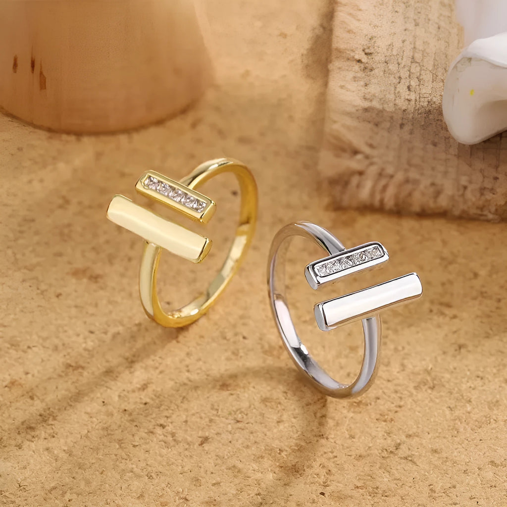 Double T open adjustable ring for women in gold or platinum colour, copper plated minimalist style