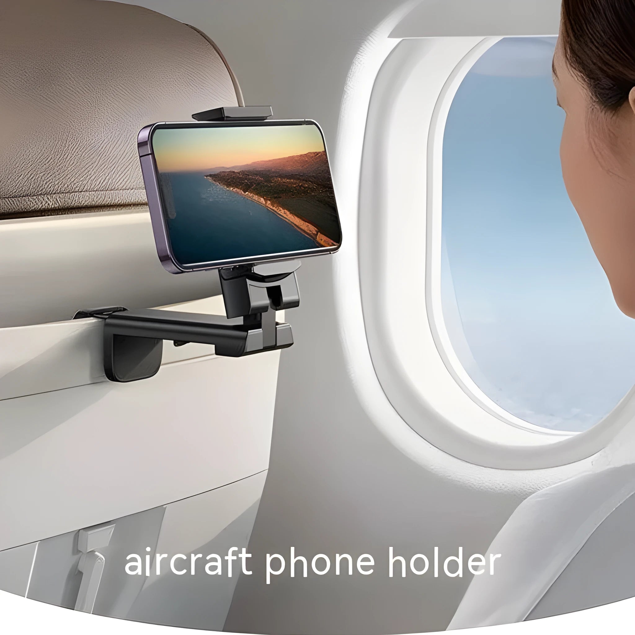 A black foldable phone holder with a rotating base, shown holding a mobile phone in landscape orientation.