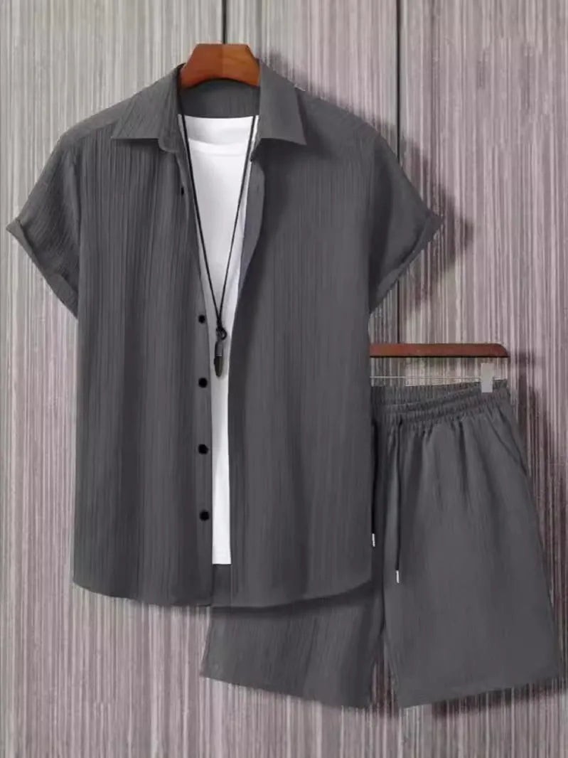 Men's beige short-sleeve jacket and shorts casual summer suit set on a hanger.
