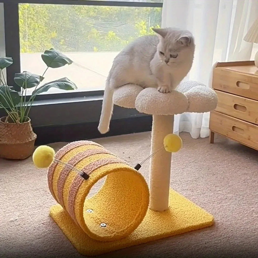 Yellow four-in-one cat tree with sisal scratching post and built-in tunnel.