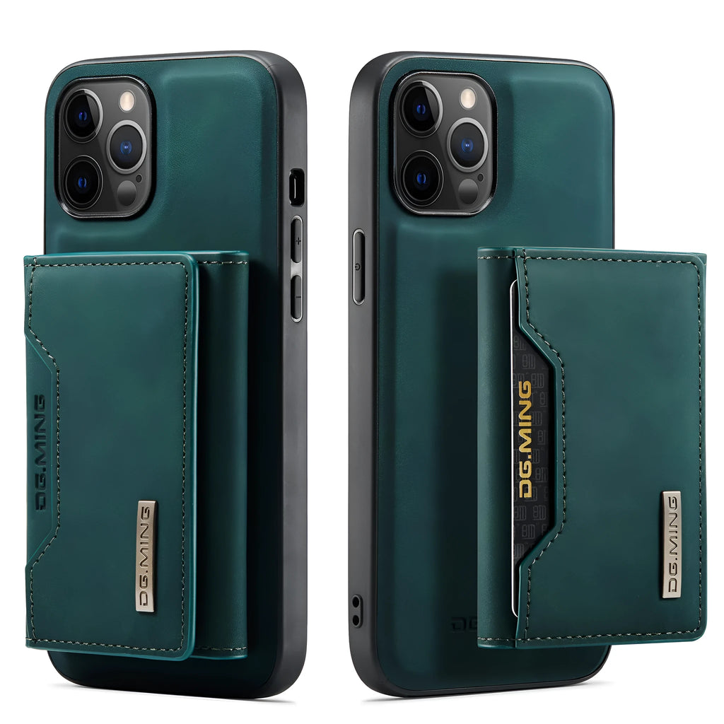 Magnetic multi function card holder phone case for iPhone in black, PU wallet style with split card slot