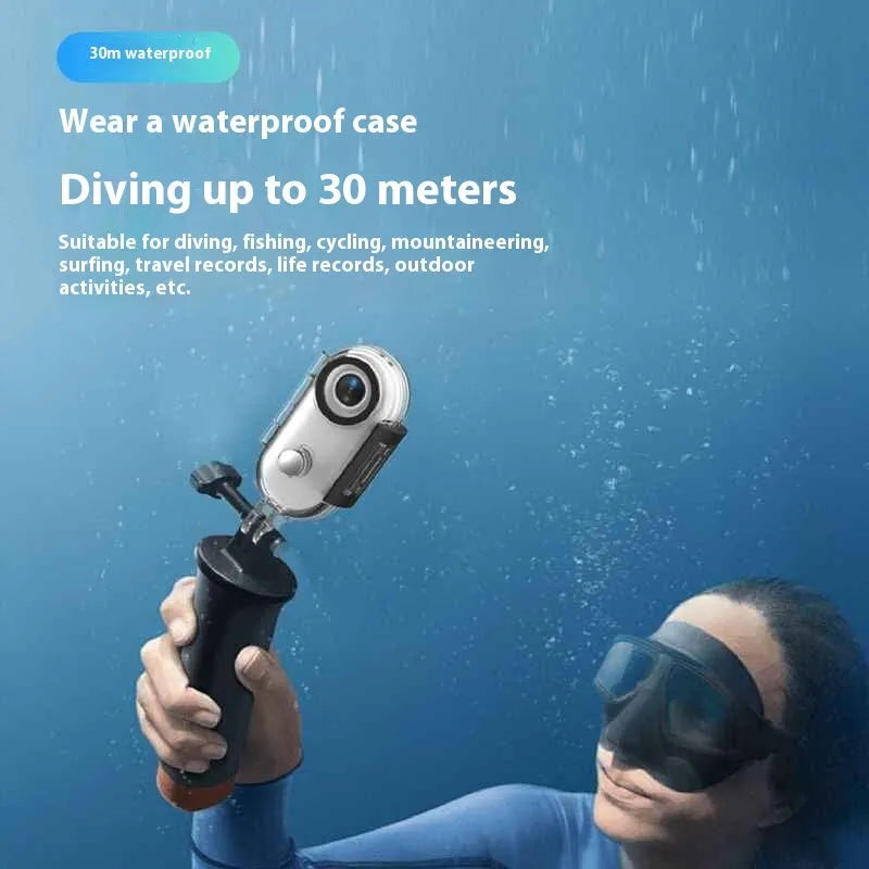 Mini black 4K action camera with magnetic mount attached to a bicycle helmet.