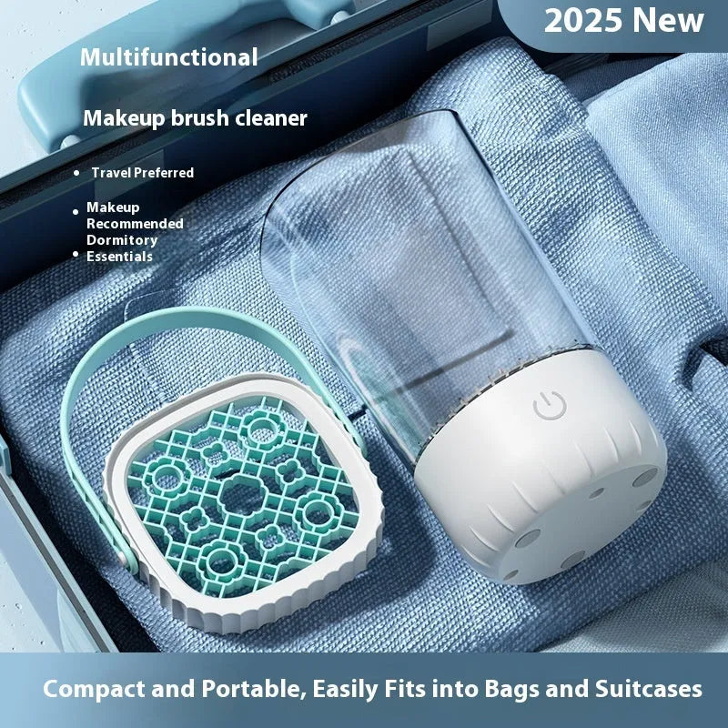 White rechargeable electric makeup brush cleaning device with data cable.