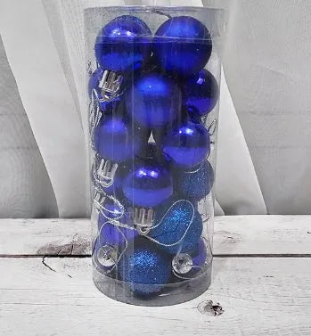 Shiny matte electroplated barrel-shaped plastic Christmas bauble in assorted colours, 6cm diameter.