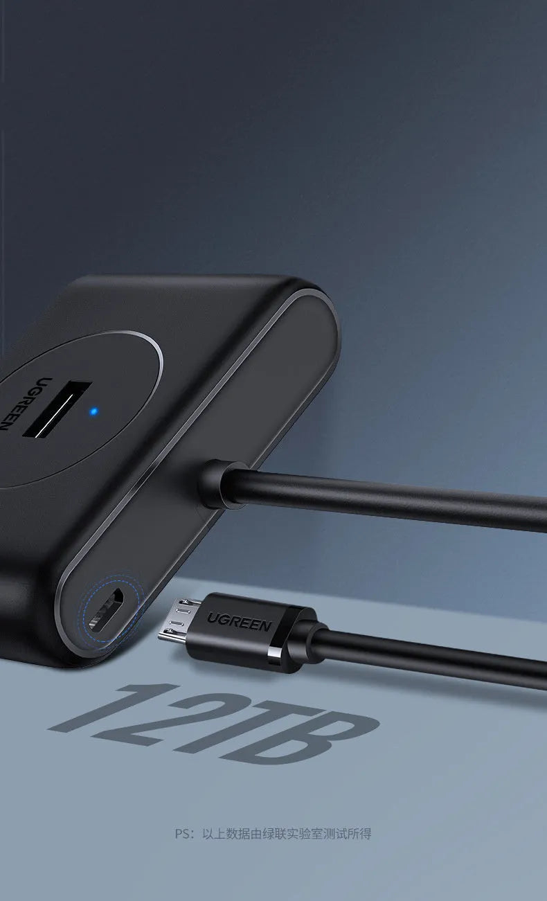 Black USB 3.0 extender adapter set with a multi-port hub and a choice of cable lengths on a desk.