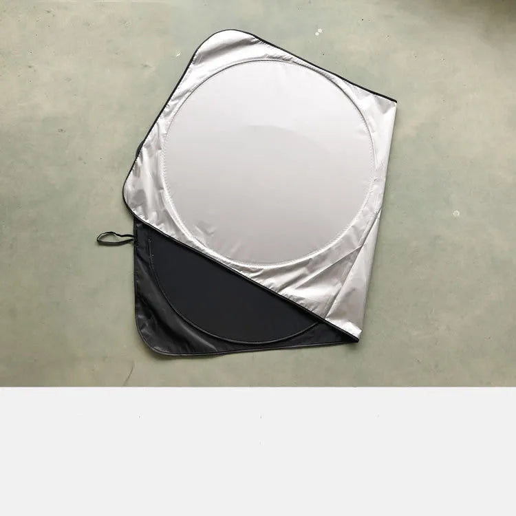 Silver universal car sunshade measuring 190 by 90 cm with cloth storage bag