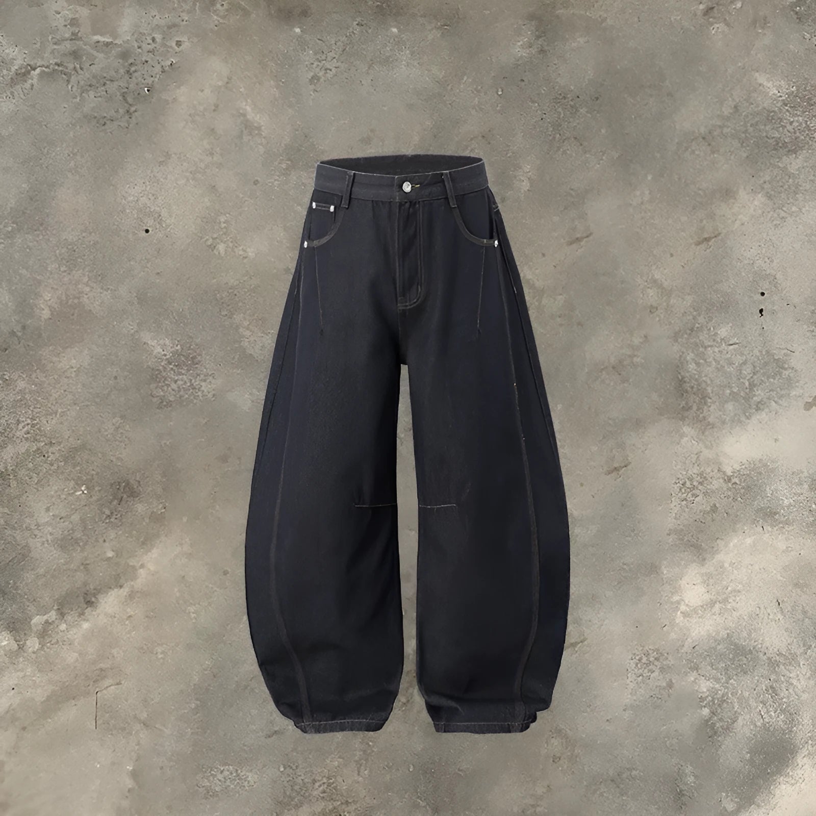Men's wide leg denim trousers in original cow colour showing mid waist and relaxed fit.