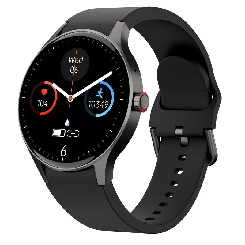 Black smart Bluetooth sport watch with a round touchscreen on a wrist, showing a fitness stats display.
