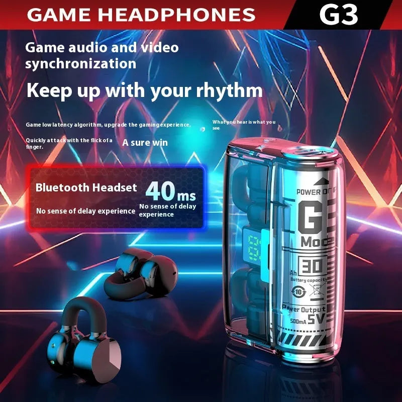 G3 wireless Bluetooth headset with transparent cabin design, clip-on style, noise reduction, in black colour