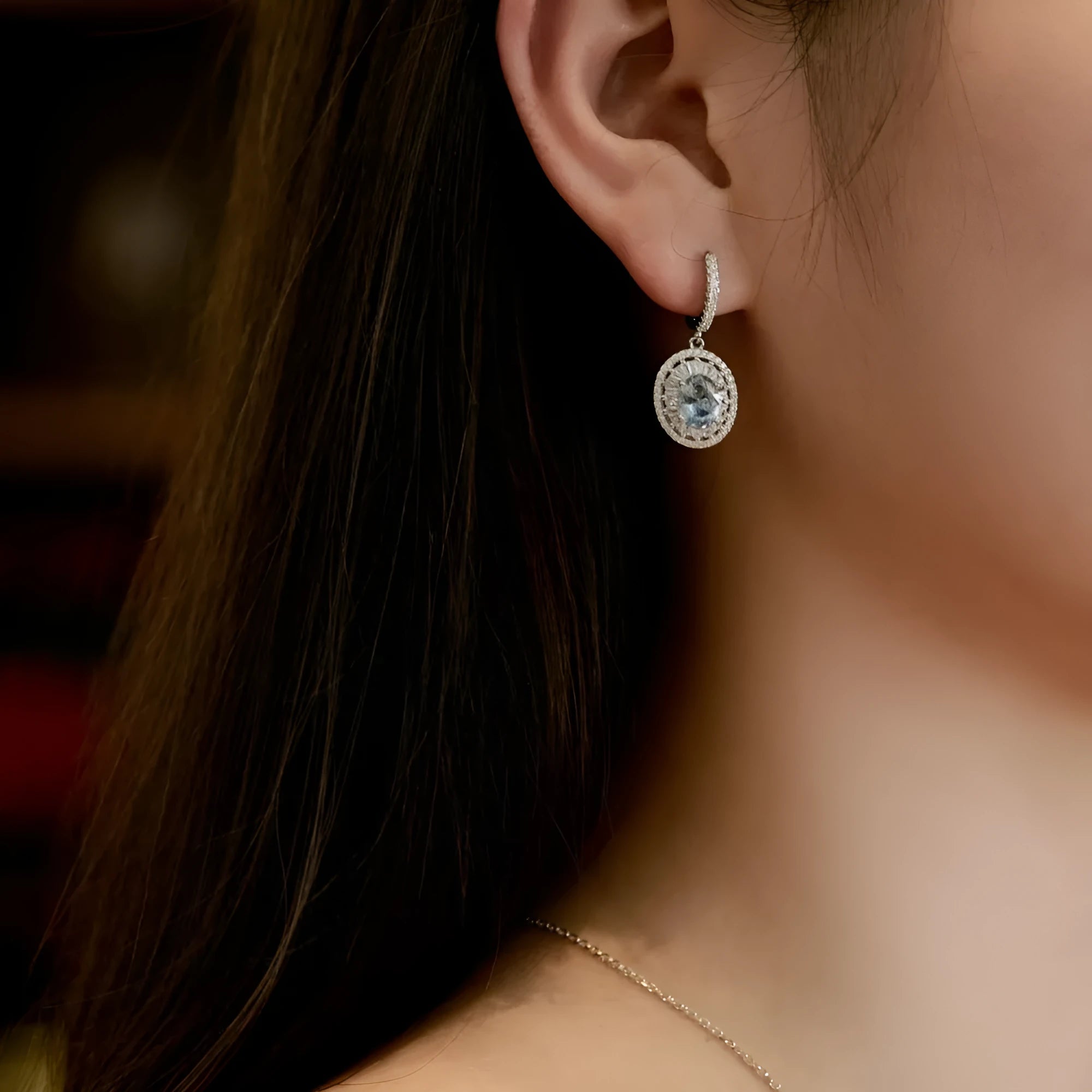 S925 pure silver aquamarine drop earrings with round and oval stones, silver finish, dangle style