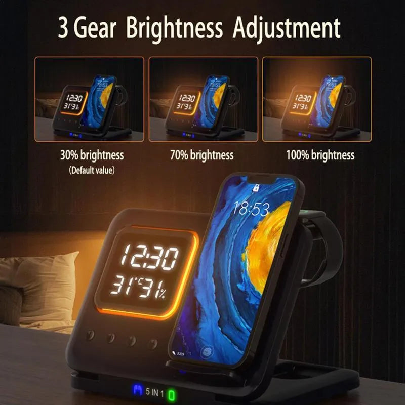 Black 15W wireless charging dock station with digital clock display charging a phone and watch