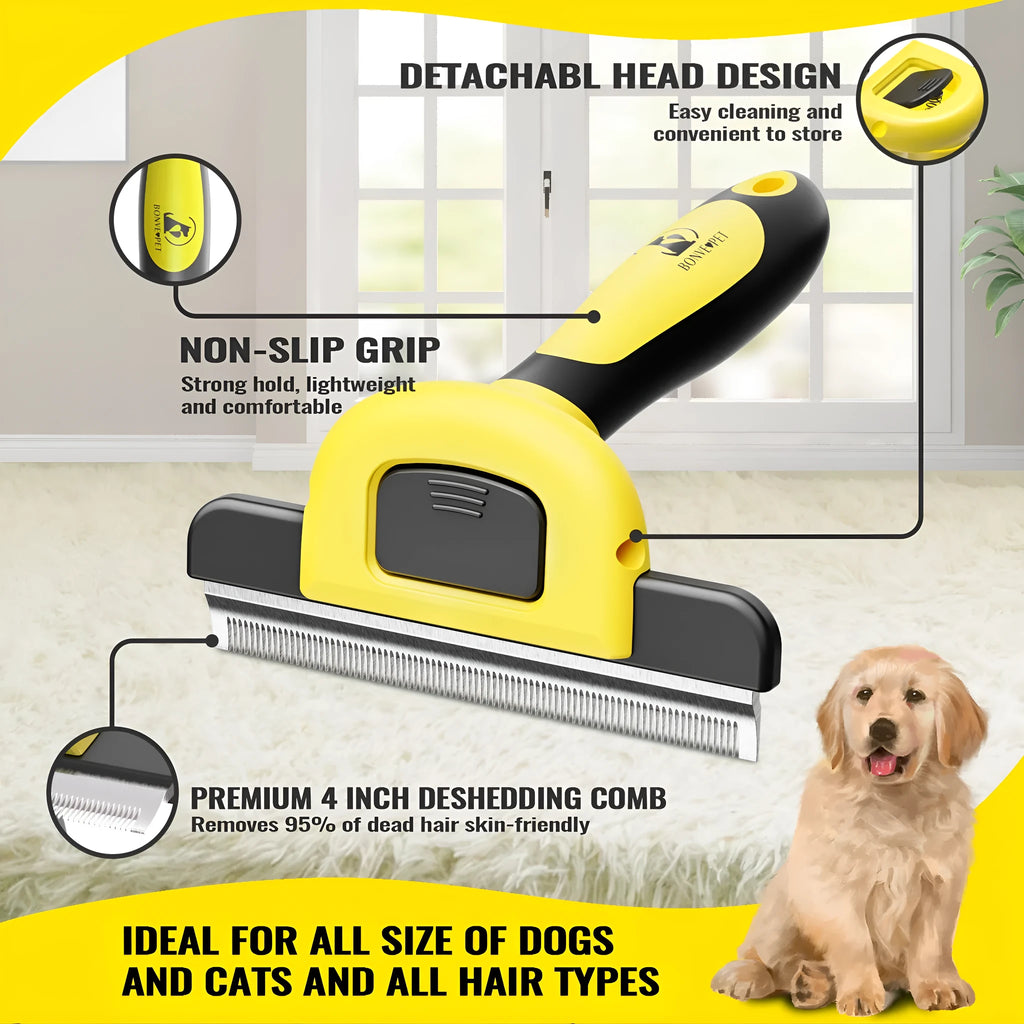 Yellow and blue pet grooming comb with stainless steel teeth and plastic handle for dog hair removal