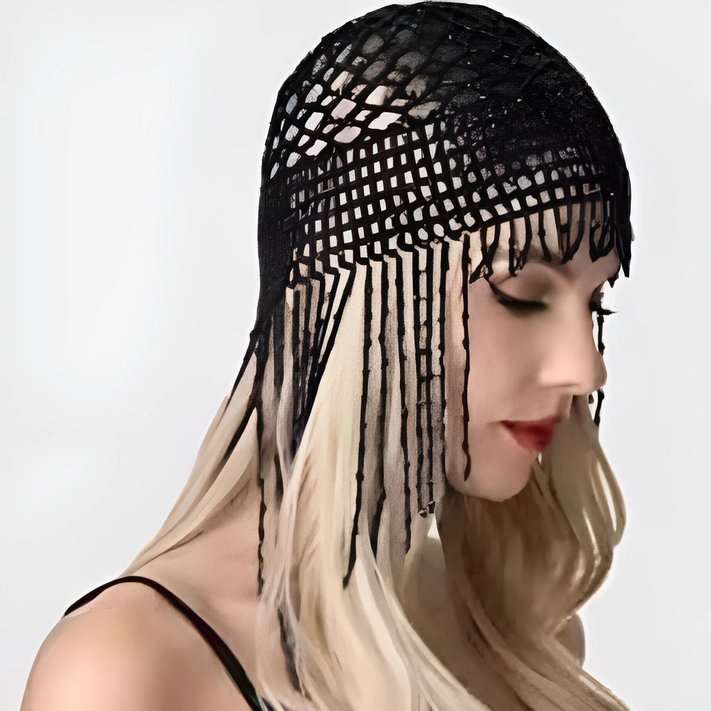 Handmade beaded belly dance hat hair ornament with decorative mesh and tassel in silver or black