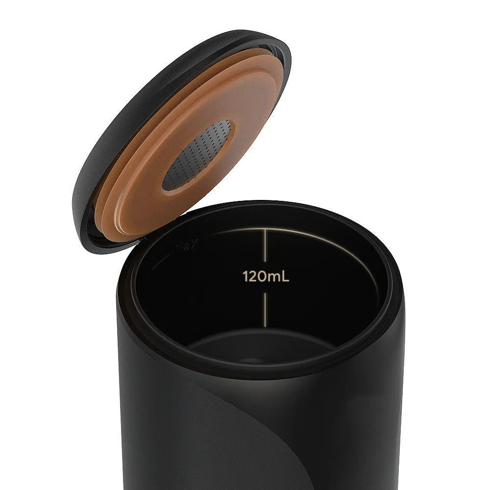 Portable rechargeable espresso maker with 9 bar pump, plastic body, powder and capsule holder, 75mm wide 228mm tall