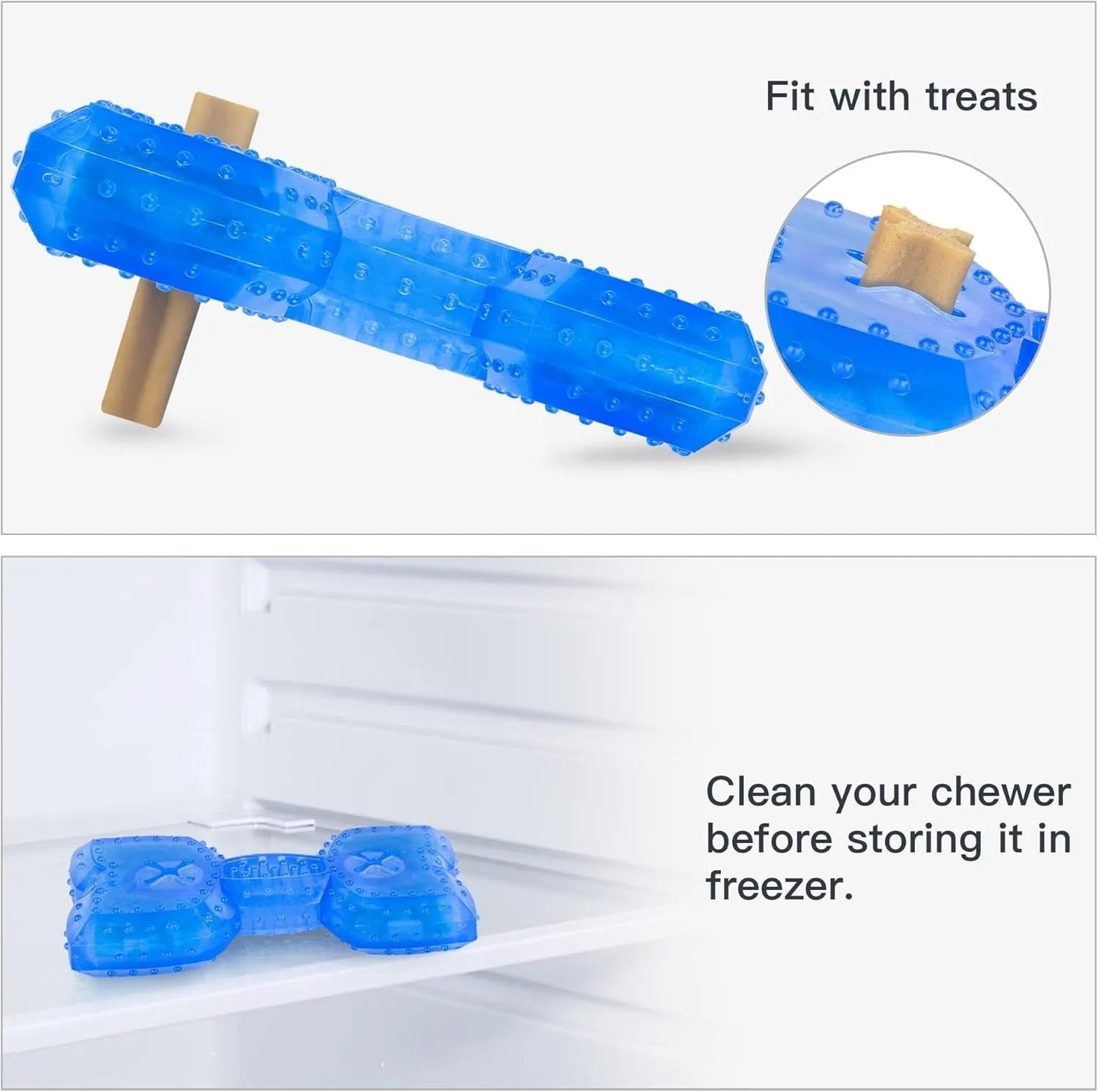 A freezable bone-shaped and circle-shaped dog chew toy designed for cooling and teething relief.