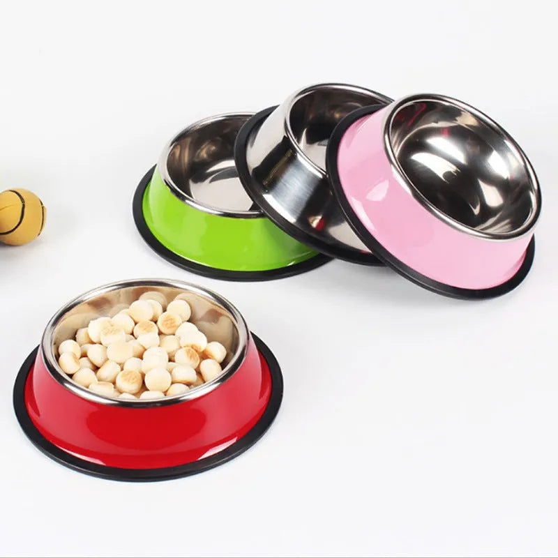 Stainless steel and colourful melamine dual pet bowl with non-slip base for food and water feeding