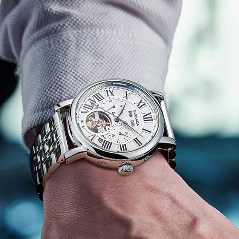 Men's steel automatic watch with business style dial on a choice of black or white steel strap.